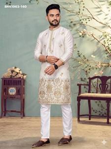 Ocassional wear Star Cotton with Embroidery Flower Butti & Elephant Motif work Knee-Length <b>Kurta</b>-Payjama Indian Exporter - Product Image 5