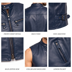 Chaleco de cuero genuino para hombre, estilo motociclista, con cuello alto, bolsillos con cremallera en el pecho, sin mangas. - Product Image 6