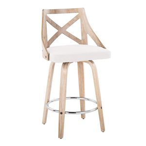 Sgabello da Bar Charlotte 26 Pollici, Altezza Fissa, Stile Rustico, Girevole, in Legno Bianco Decapato, Tessuto Crema, Base in Metallo Cromato - Product Image 2