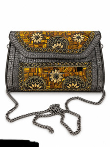 Bolso de noche artesanal de madera con mosaico floral y correa de cadena para mujer, ideal para fiestas. - Product Image 1