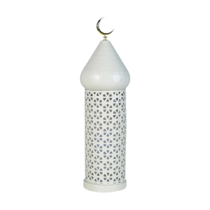 Lámpara de metal con diseño impresionante, forma cilíndrica, patrón troquelado, acabado mate, parte superior en forma de luna creciente, decoración para el hogar, hierro artesanal - Product Image 1