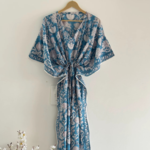 Caftán de algodón con estampado floral hecho a mano, vestido de playa estilo bohemio indio, vestido largo de algodón puro suave para mujer, ropa de dormir. - Product Image 1