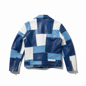 Hot sale Pu Leather <b>Jacket</b> for <b>Biker</b> Blue and White Patchwork Leather <b>Biker</b> <b>Jacket</b> - Handcrafted Men's Racing Style - Product Image 2