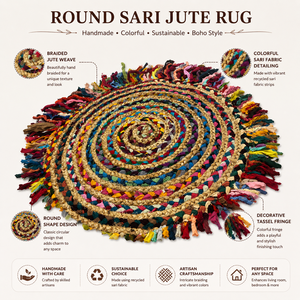 Handmade Round Thick Sari Jute <b>Rug</b> with Grey Tassels Braided Abstract Pattern Vintage Chic for Living Room Bedroom Home Decor - Product Image 6