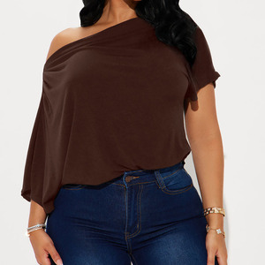 Hot Sale Women's Off The Shoulder Bodysuit Solid Brown Asymmetrical Short Sleeve Stretch Knitted Summer Style Sexy Fit Bodysuit - Product Image 3