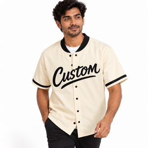 Custom Sublimated Print Cream Baseball Jersey with Black Collar and Sleeve Trim Button Front Short Sleeve Team <b>Shirt</b> Wholesale - Product Image 3