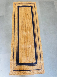 Natural Tan Handwoven Jute <b>Runner</b> <b>Rug</b> Blue Border Boho Farmhouse Hallway Entryway Custom Size Neutral Floor <b>Runner</b> Carpet - Product Image 5