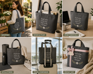 Bolsa de Lona con Frase Bordada y Diseño Floral, Estilo Minimalista Gris, Cierre Personalizado para Viajes y Compras - Product Image 3