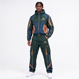 Conjunto deportivo de 2 piezas para hombre, con capucha, en blanco, gris y negro, con chaqueta cortavientos con bloques de color y pantalones cargo, estilo streetwear. - Product Image 5