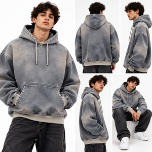<b>Men's</b> Oversized <b>Grey</b> Acid Wash Hoodie Pullover Hooded <b>Sweatshirt</b> Vintage Gradient Fleece with Front Pocket - Product Image 6