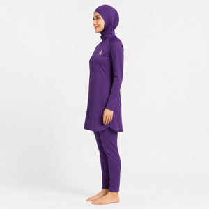 Traje de Baño Burkini Modesto para Mujer, Manga Larga, Cuello Alto, Color Morado Sólido, Secado Rápido, Spandex, Poliéster, Cobertura Completa - Product Image 4