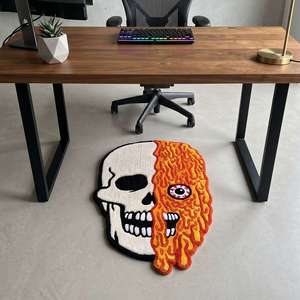 Alfombra Moderna de Lana Tejida a Mano con Diseño Geométrico Único de Calavera y Llama, Antideslizante, de Pelo Medio, para Sala de Estar, Dormitorio y Hogar - Product Image 1