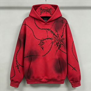 Sudadera con Capucha y Estampado Gótico para Hombre, Talla Grande, Tejida, Negra con Cadenas Rojas y Patrón de Cruz, Estilo Urbano Otoñal - Product Image 2