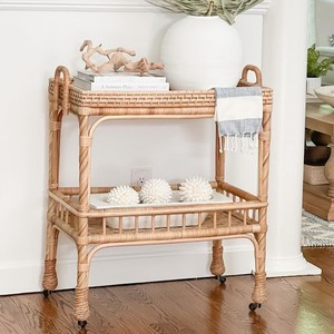 Best selling rattan barcart food trolleys high quality cane trolley mobile storage cart with wheels - Product Image 5