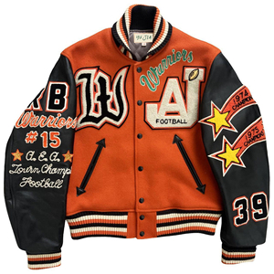 OEM <b>Men's</b> High Street Genuine <b>Leather</b> Winter Bomber <b>Jacket</b> Front Applique Embroidery Patchwork Custom Avirex Design Letterman - Product Image 1