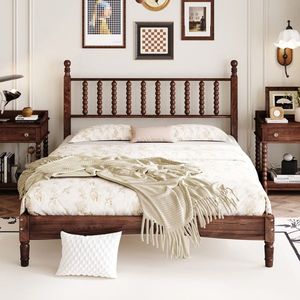 <b>Queen</b> <b>Size</b> Retro Style Wood Platform <b>Bed</b> with Gourd Shaped Headboard Walnut Finish Wooden Slat Support - Product Image 2