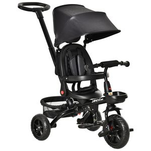 Triciclo per Bambini 4-in-1 Nero con Maniglia di Spinta, Sedile Girevole, Tettuccio e Funzioni di Stoccaggio - Product Image 1