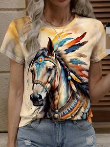 Women's Horse Print Casual Personalized Short Sleeve T-Shirt Knitted Anti-Pilling T-Shirt <b>Tops</b> Loose Geometric Neck - Product Image 3