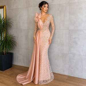 Robe de soirée sirène rose poudré brodée de perles, col en V, longueur ras du sol, coupe ajustée, écologique, faite main, motif floral, qualité supérieure - Product Image 3