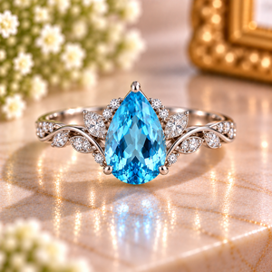 Bague de fiançailles en argent sterling 925 avec topaze bleue suisse taille poire et motif feuille de vigne, bijoux personnalisés en pierres précieuses, fabricant grossiste - Product Image 1