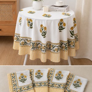 Custom Modern Luxury Boho Floral Block Print Eco-Friendly Washable Handmade Vintage Cotton Cover <b>Tablecloth</b> Includes Napkin - Product Image 2