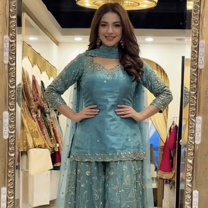 Trending Wholesale Premium Quality Designer Embroidery Sequence Worked <b>Top</b>-Sharara Dupatta Set Fully Stitched Ready Wear Party - Product Image 1