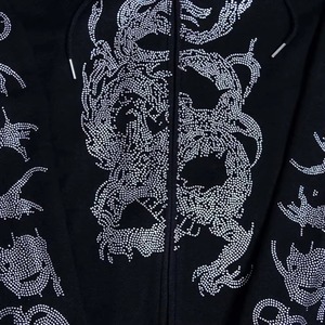 Men's Black Rhinestone Dragon Hoodie Streetwear Zip-Up Sweatshirt Regular Fit <b>Animal</b> <b>Pattern</b> Cotton French Terry Winter Wear - Product Image 6