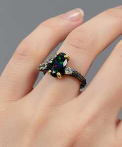 Anillo de Boda de Plata de Ley con Ópalo Negro, Inspirado en la Naturaleza, Certificado por IGI, Elegancia Orgánica, Joyería de Lujo - Product Image 2