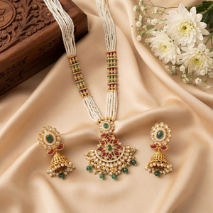 Traditional Brass Gold Plated Kundan Pearl Emerald Cut Ruby Green Stone <b>Locket</b> Pendant Charm Ethnic Floral Matching Jhumka - Product Image 1