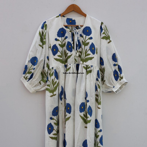 Beautiful Floral Hand Block Printed Cotton Dress White 3/4 Sleeves Casual Wear for Women-Indus <b>Art</b> & Emporium Summer - Product Image 2