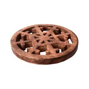 Angled View Celtic Cross Wooden <b>Trivet</b> Carved Round Wood Hot Pan Pad Heat Resistant Coaster Kitchen Pot Stand - Product Image 1