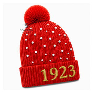 NSPDK Bonnet en tricot acrylique pour femme, brodé, orné de perles, avec pompon et revers côtelé, style décontracté, pour l'hiver - Product Image 2