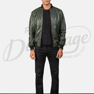 Men Dark Green Genuine <b>Leather</b> Bomber <b>Jacket</b> Slim Fit Casual Outerwear with Ribbed Trim and Zippered Side Pockets - Product Image 2