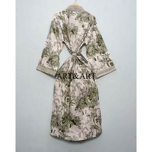 Hermoso Kimono Largo de Algodón Estampado a Mano con Cierre de Cinturón para Dormir por la Noche, Bata para Mujer con Estampado Floral - Product Image 5