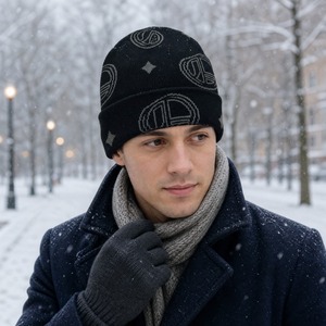 SPARKWELL INDUSTRY Bonnet unisexe noir en jacquard à rayures 100% acrylique, chapeau d'hiver taille adulte 56-58CM, style ski décontracté - Product Image 2