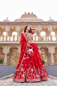 <b>Red</b> Embroidered Indian Wedding <b>Lehenga</b> Choli Set Floral Threadwork Net Dupatta Women's Festive Outfit - Product Image 3