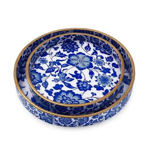 Plateau de service rond imprimé floral chinoiserie bleu tendance, plateaux décoratifs en bois à bas prix pour commande en gros - Product Image 2