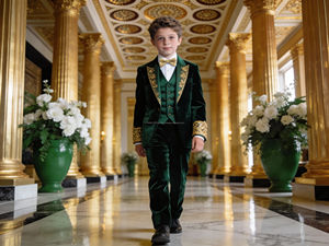 Traje de Esmoquin de Terciopelo Marrón para Niños con Bordado Dorado – Traje Formal para Bodas y Fiestas para Niños al por Mayor - Product Image 4