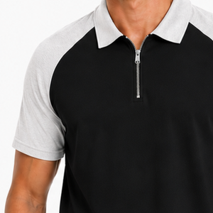 Pull classique pour homme à col zippé, tricoté, respirant, blanc cendré et noir, avec blocs de couleur contrastés, manches raglan, logo personnalisé - Product Image 3
