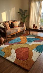 Modern Abstract Block Patchwork Wool Anti-Slip Medium Pile Cotton Canvas Backing Soft Tufted Terracotta Blue Mustard Area <b>Rug</b> - Product Image 5