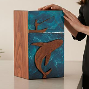 Handmade Wooden Rectangle Urn With Coastal Shark And Fisherman Design For Sympathy Art Display by AYAANS - Product Image 1