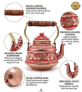 Bouilloire à thé en cuivre rouge peinte à la main, théière turque vintage, poignée en laiton gravée de motifs floraux, chauffe-eau pour cuisinière, cafetière et théière - Product Image 2