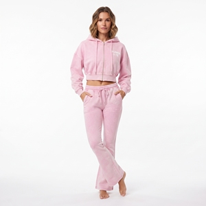 Conjunto de Sudadera con Capucha Rosa Lavado Ácido y Pantalones Jogger de Pierna Ancha para Mujer, Top Corto con Cremallera Completa, Manga Larga, Ropa Casual, Color Sólido, Transpirable - Product Image 2