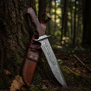 Couteau Bowie de camping artisanal personnalisé en acier Damas avec manche en bois et étui en cuir 15 pouces, OEM disponible - Product Image 5
