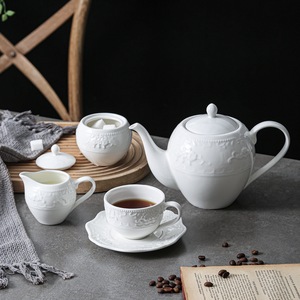 ชุดกาแฟ-ชาเซรามิกสีขาวสไตล์วินเทจ ลวดลายดอกไม้แบบนูน เคลือบเงาเรียบ ใช้กับเตาอบ/ไมโครเวฟได้ ปลอดสาร BPA - Product Image 3
