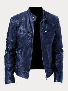 Blouson moto en cuir de vachette bleu pour homme, col montant, fermeture éclair, coupe ajustée, pour l'automne, manches classiques - Product Image 2