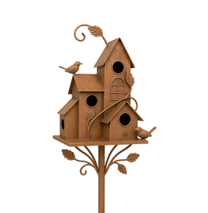 Poteau décoratif de jardin en métal style vintage avec nichoir à oiseaux et oiseau décoratif, pour décoration extérieure de jardin - Product Image 2