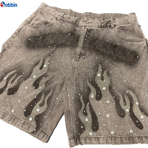 Pantalones Cortos de Mezclilla Vintage para Hombre, Estilo Hip Hop, Personalizados con Pedrería, Estampado por Pulverización, Pintados a Mano, Lavado Ácido, Largura hasta la Rodilla - Product Image 3