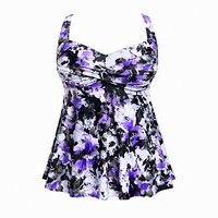 Baju Renang Wanita Ukuran Besar Motif Bunga, Bahan Stretch, Kerah Kotak, Aksen Twist, Ruffle di Bagian Dada, Model Empire Waist, Tankini 1 Potong, Desain Flowy, Swimdress