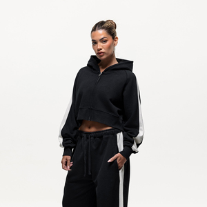 Sweat-shirt court zippé à capuche pour femme, noir, color-block, manches longues, tricoté, décontracté, pour l'automne - Product Image 1